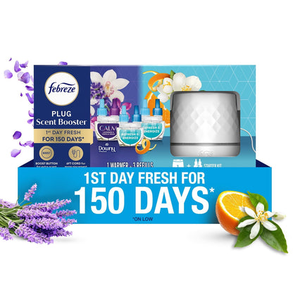 Febreze PLUG Scent Booster Oil Starter Kit, Refresh & Energize + CALM Lavender & Vanilla Bean, 1 Warmer + 3 Refills, 2.63 fl. oz