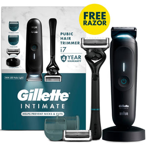 Gillette i7 Intimate Mens Premium Pubic Hair Trimmer, with Intimate Razor, Body Hair Trimmer for Men Grooming Kit