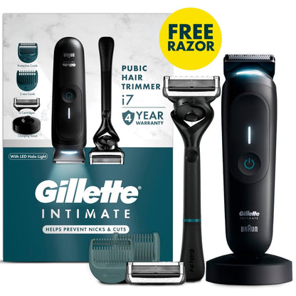 Gillette i7 Intimate Mens Premium Pubic Hair Trimmer, with Intimate Razor, Body Hair Trimmer for Men Grooming Kit