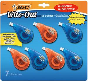 BIC White Out Tape - Clear Dispenser EZ Correct - 39.3 Feet Each - 7 Pack