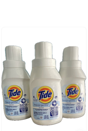 Tide Free & Gentle Laundry Detergent Unscented 8 Fl oz Bottles (Pack of 3) 5 Loads Each HE Compatible,Hypoallergenic Travel  Size