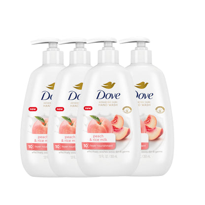 Dove Advanced Care Hand Wash Peach & Rice Milk 4 Count for Washing Away Dirt & Germs While Nourishing Skin 10 Layers Deep, with Moisture Boost 5X Complex