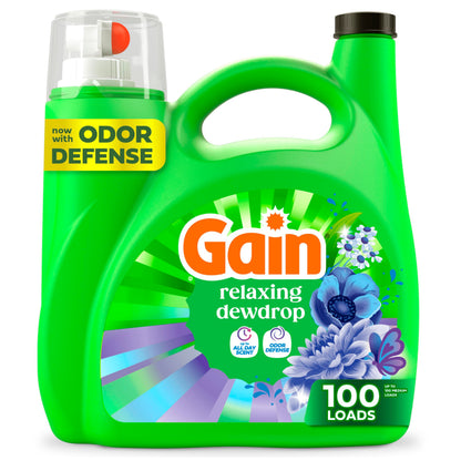 Gain Liquid Laundry Detergent, With Odor Defense, Relaxing Dewdrop Scent, Laundry Soap For HE Washing Machines, 132 fl oz, 100 Loads (Packaging May Vary)