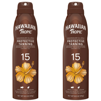 Hawaiian Tropic Protective Tanning Sunscreen, SPF 15, Dry Oil Spray, 6 oz (2-Pack)
