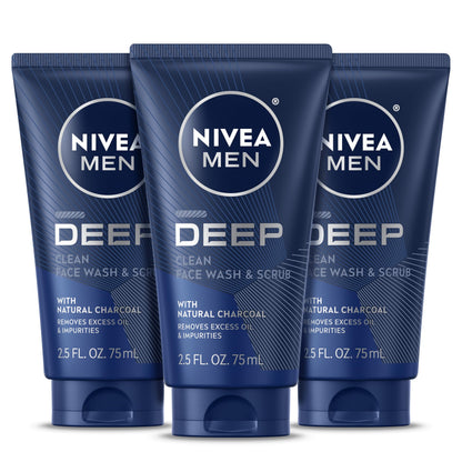 NIVEA MEN Deep Clean Face Wash and Scrub, Multipack, 3 x 2.5 FL OZ