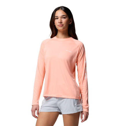 Columbia Womens PFG Tidal Tee II Long Sleeve Sun Protection Shirt, Tiki Pink/White Logo, X-Large