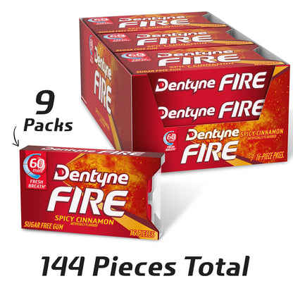 Dentyne Fire Spicy Cinnamon Sugar Free Chewing Gum, Pack of 9 (144 Pieces)