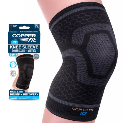 Copper Fit Unisex Adult ICE Sleeve, L/XL Knit Compression Knee Sleeve Infused with Menthol and CoQ10 for Maximum Recovery, Black, Large/X-Large US