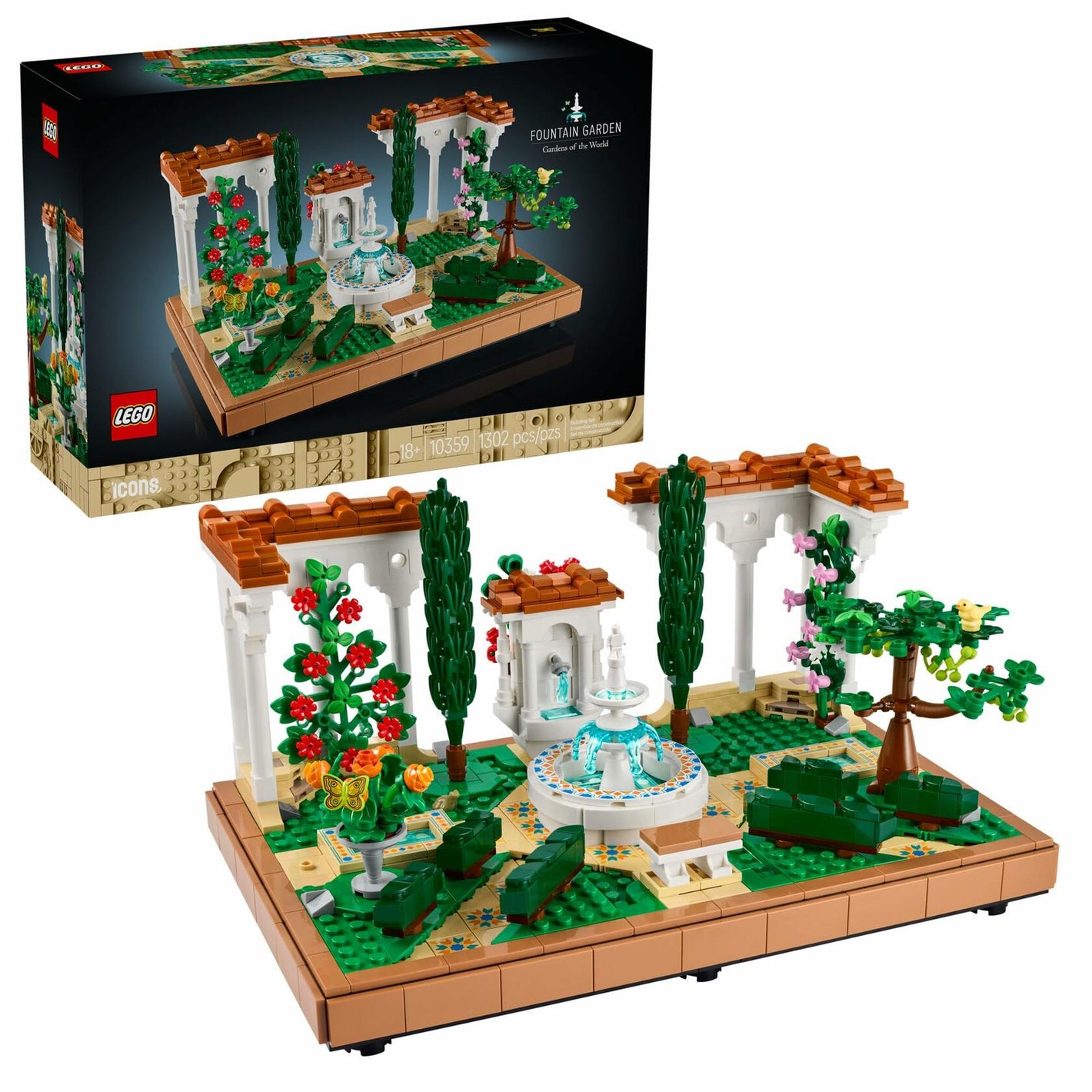 LEGO Icons Fountain Garden Building Set - DIY Kit for Adults, Ages 18+ - Miniature Craft Building Blocks for Home Decor, Display - with Cypress Trees and Grape Vines - Gift Idea for Adults - 10359