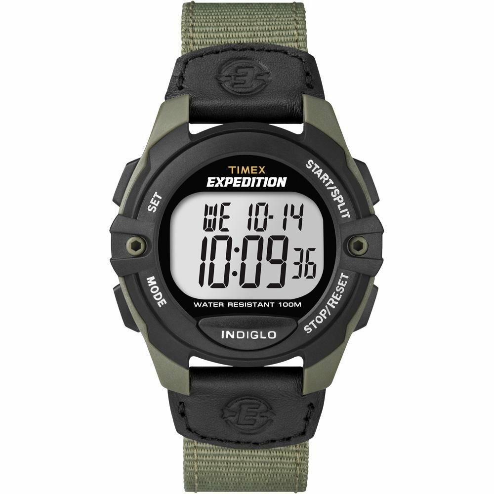 Timex Men's Expedition Digital CAT 41mm Watch  Green & Black Case with Black Fabric & Leather Strap