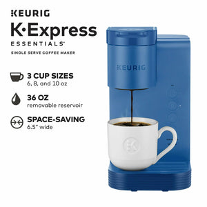 Keurig K-Express Essentials Single Serve K-Cup Pod Coffee Maker, 36 OZ DETACHABLE WATER TANK, 3 Cup Sizes 6, 8, & 10oz, Matte Black, w/Cleaning Cloth (Blue)