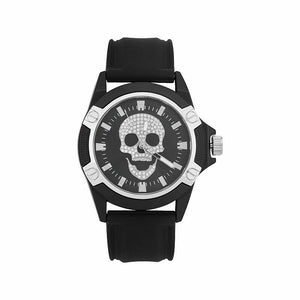 Ed Hardy Singles Men's Silver Skull Dial/Matte Black Silicone Strap Analog Watch, Size: 44MM