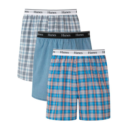 Hanes Originals Cotton Woven Boxers Pack, Moisture-Wicking Underwear for Men, 3-Pack, Blue Plaids, Small