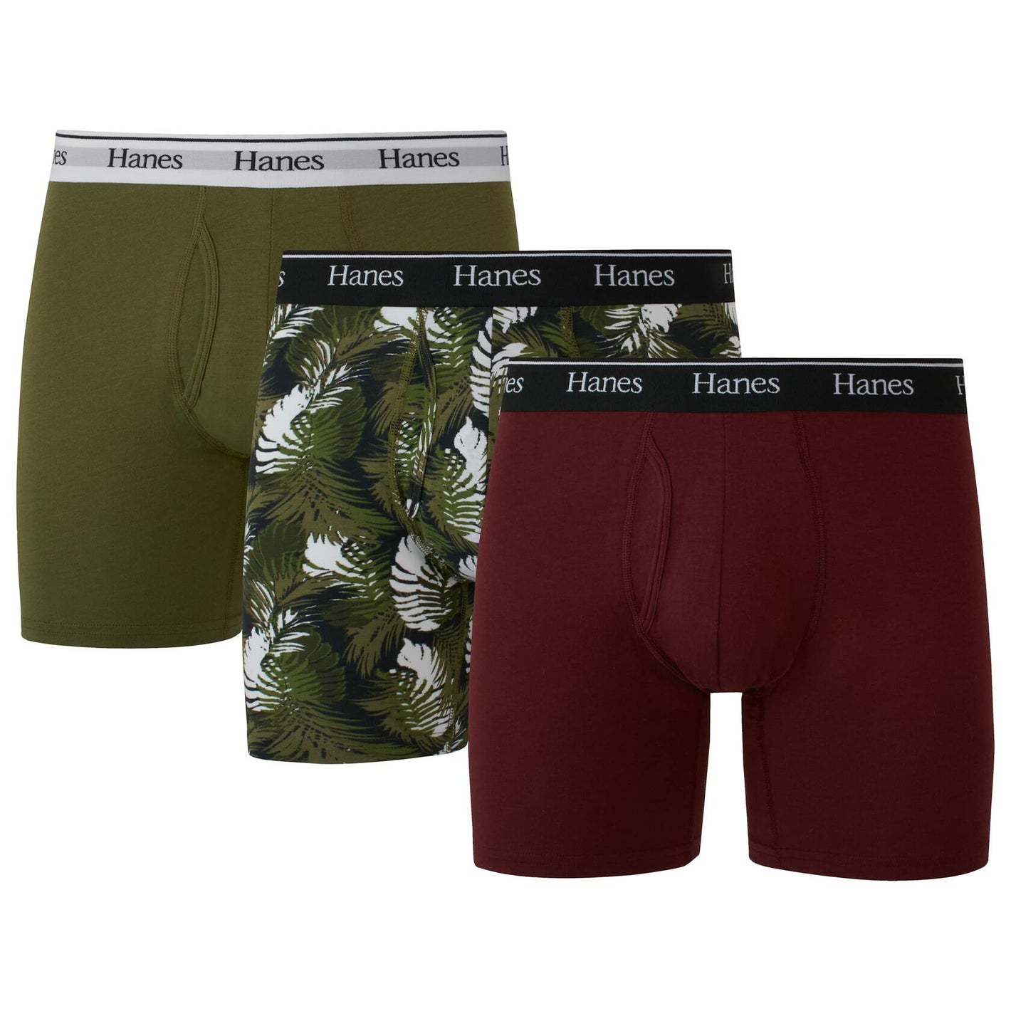 Hanes Originals Men’s Boxer Briefs, Stretch Cotton Moisture-Wicking Underwear, Modern Fit Low Rise, 3-Pack, Regular Leg-Maroon/Cargo Olive-3 Pack, 3X-Large