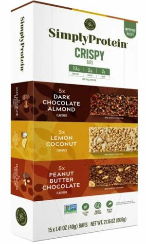 SimplyProtein Crispy Bars, 15 Bars, 21.16 oz, Variety Pack: 5 x Dark Chocolate Almond, 5 x Lemon Coconut, 5 x Peanut Butter Chocolate