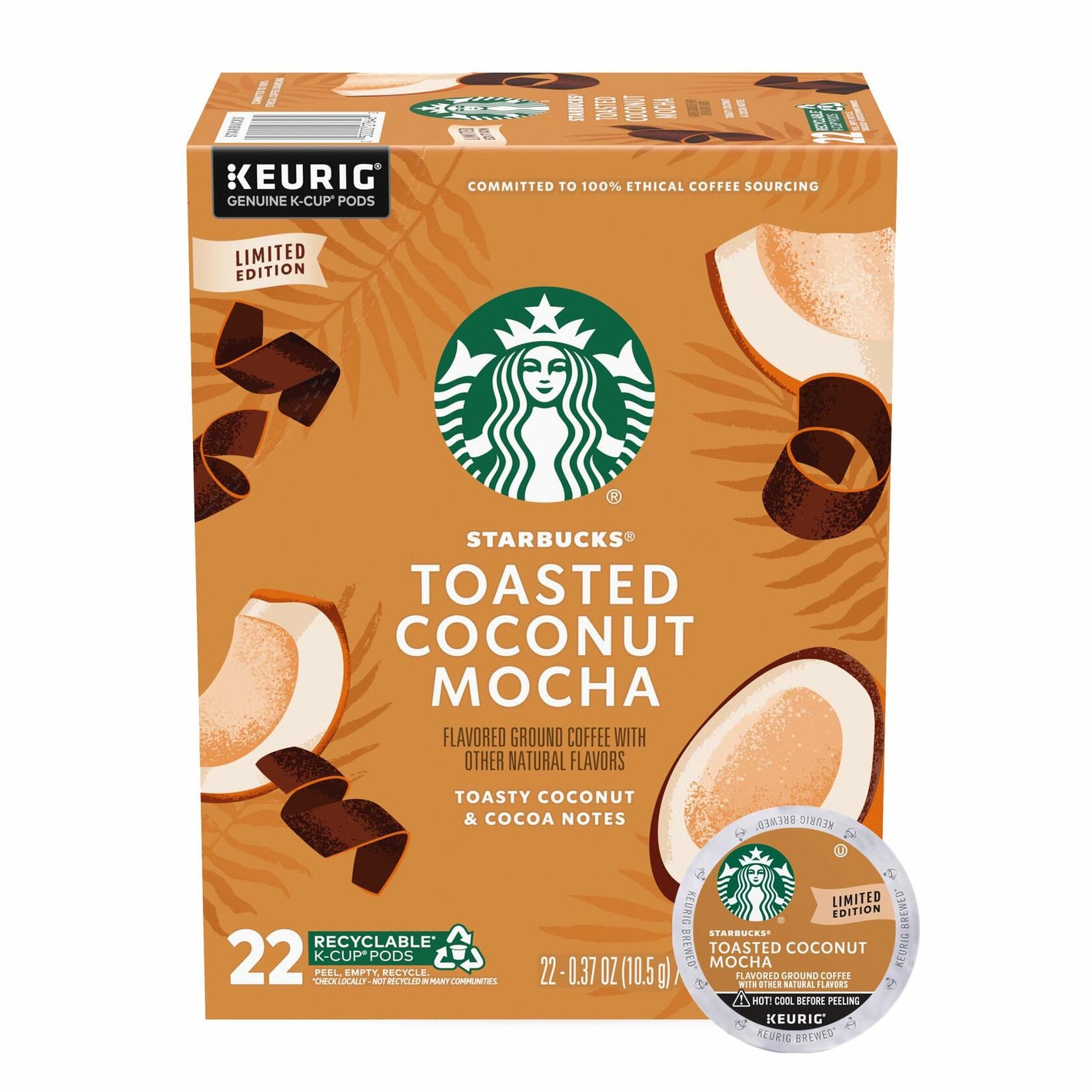 Starbucks K-Cup Coffee Pods, Toasted Coconut Mocha Flavored Coffee for Keurig Coffee Makers, 100% Arabica, Limited Edition, 1 Box (22 Pods)