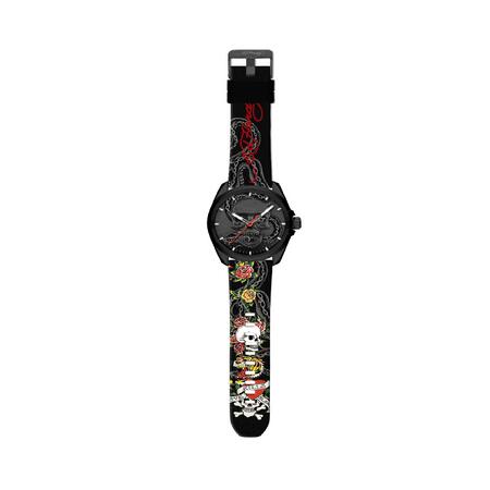 Ed Hardy Men s Rubber Black/Multi Print-Skull Dial Analog Watch