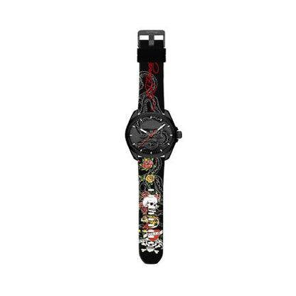 Ed Hardy Men s Rubber Black/Multi Print-Skull Dial Analog Watch