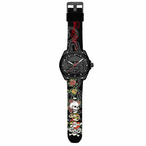 Ed Hardy Men s Rubber Black/Multi Print-Skull Dial Analog Watch