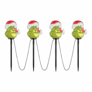 Christmas Grinch Battery-Operated Pathway Stakes (4 Count) With Santa Hat LED