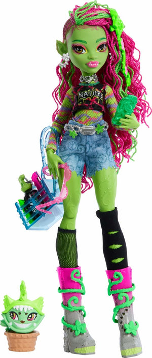 Monster High Venus McFlytrap Doll with Plant Monster Pet Cat Chewlian and Accessories Like Backpack, Notebook, Snacks and More