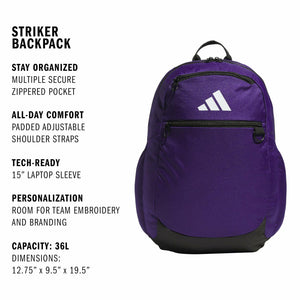 adidas Striker Team Sports Backpack for Soccer and More, Workout Bag for Men and Women, Collegiate Purple/3.0 (36L), One Size
