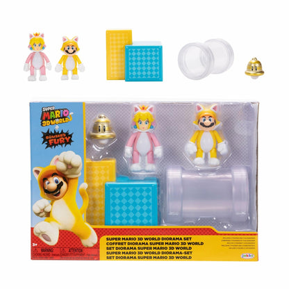 SUPER MARIO Nintendo 2.5" Action Figures 3D World Diorama Includes Cat Mario and Cat Peach