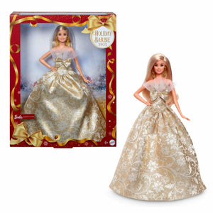 Barbie Signature 2025 Holiday Blonde Fashion Doll Wearing Silver & Gold Gown, Seasonal Collector in Displayable Packaging & Stand