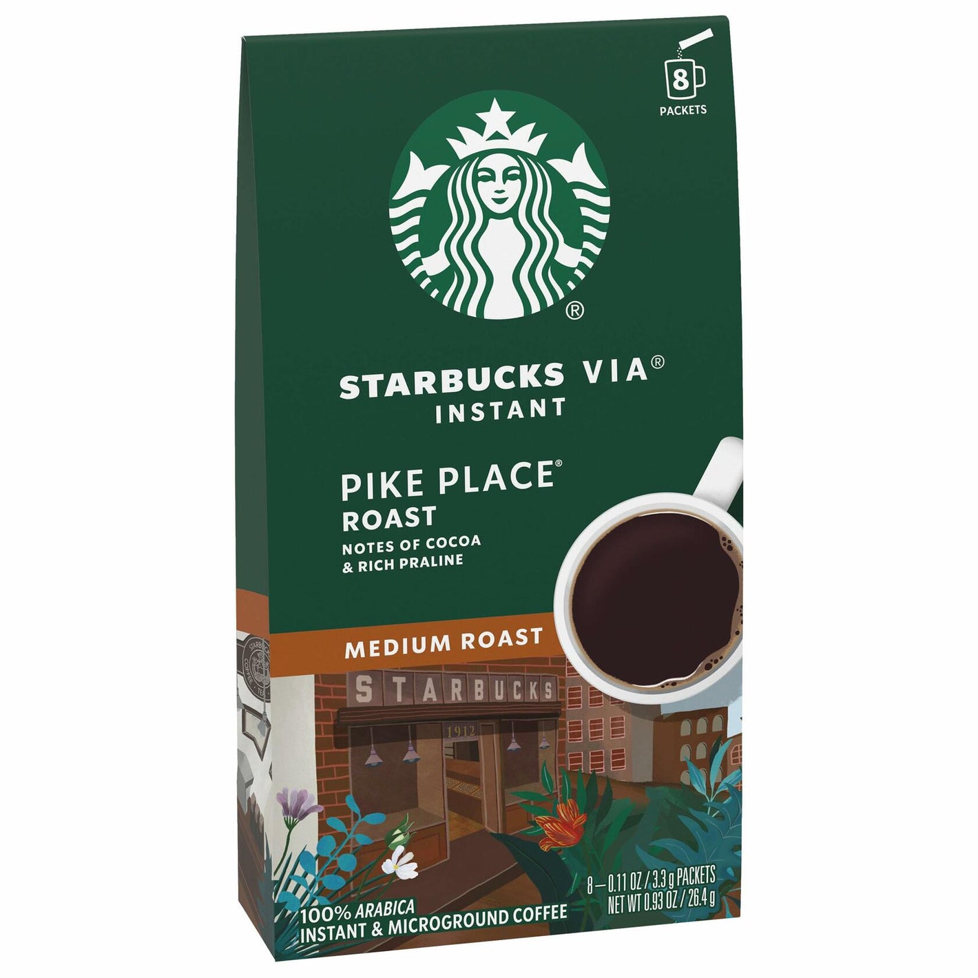 Starbucks VIA Instant Coffee, Medium Roast Coffee, Pike Place Roast, 100% Arabica, Single-Serve, 1 Box (8 Packets)